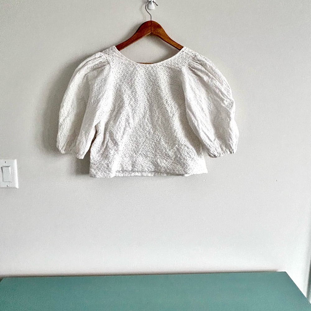 Zara White Puff Sleeve Blouse Oversized 3/4 Sleeve, Size Medium